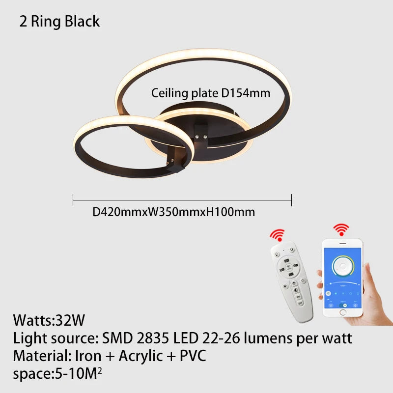 Lustre Led moderne anneau Led plafonniers salon chambre lumières plafond noir/blanc 1-5 anneau d'éclairage APP/lustre à distance - vue 10 sur 16