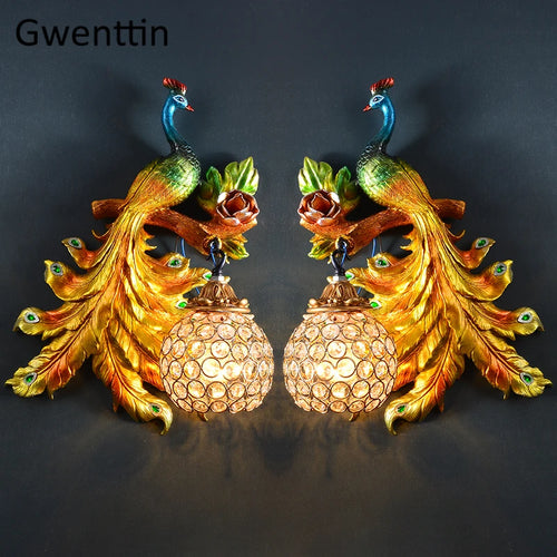 applique murale à led paon doré en cristal vintage décoratif