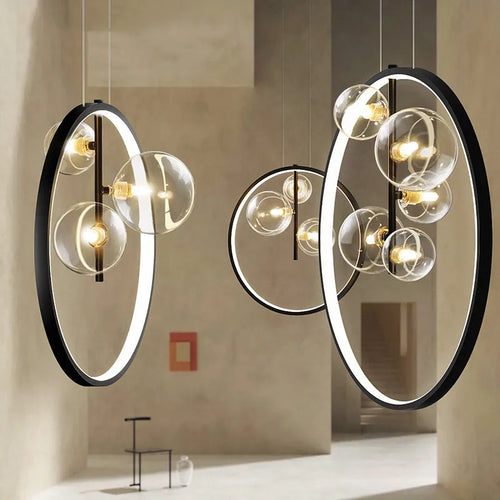 Lustre design rond avec boules en Verre clair à LED - vue 5 sur 27