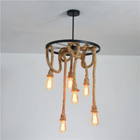 Vintage black iron pendant light with hemp rope