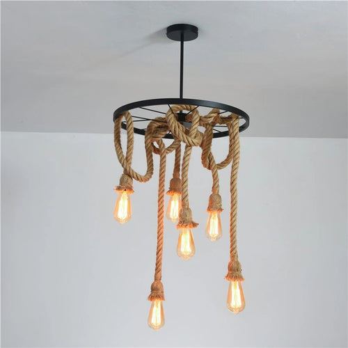 Vintage black iron pendant light with hemp rope