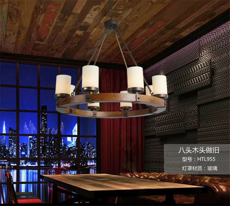lustre rétro en bois massif et fer pour villa café musée - vue 5 sur 6