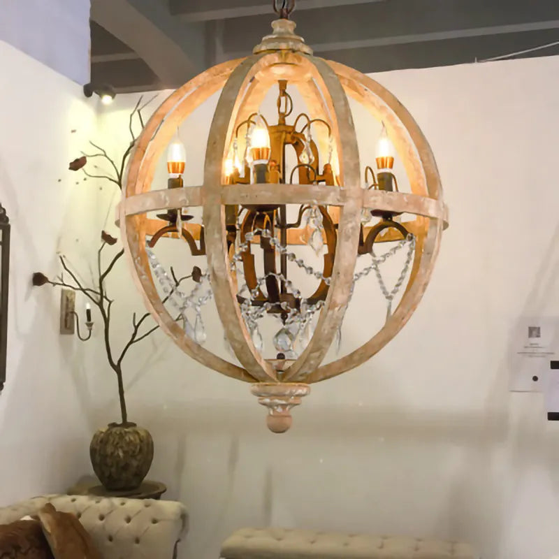 Lustre suspendu en bois massif rétro led dans le salon luminaire de décoration moderne rond Loft Suspension éclairage en cristal - vue 3 sur 8