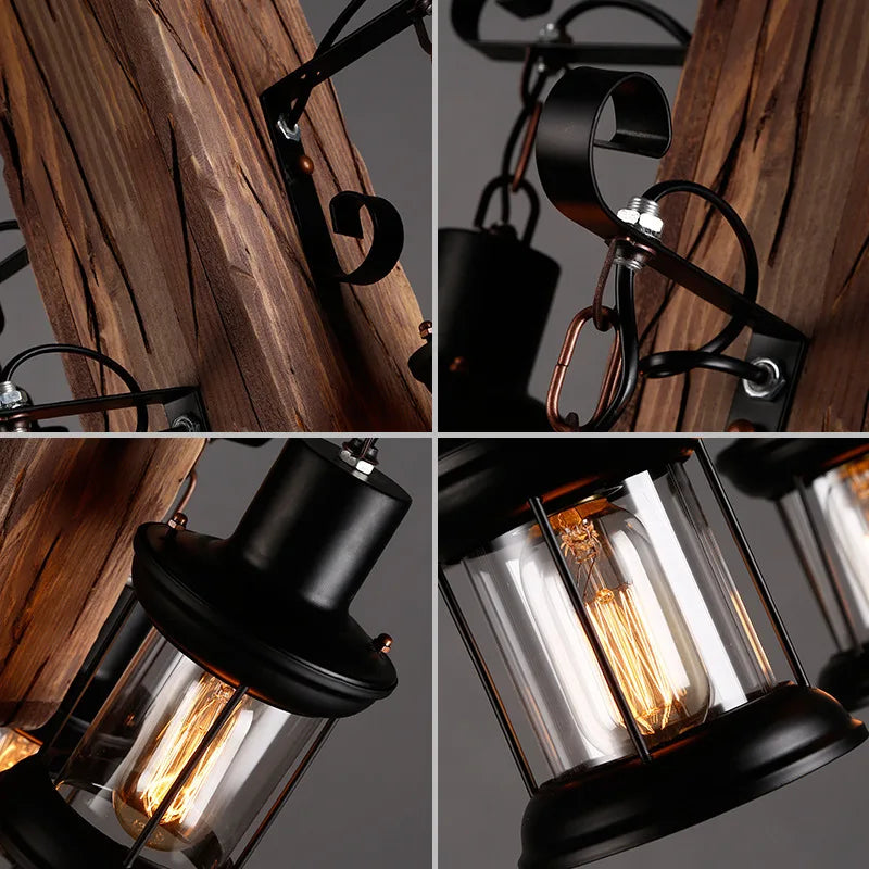 lustre vintage loft en bois avec suspension LED - vue 4 sur 28