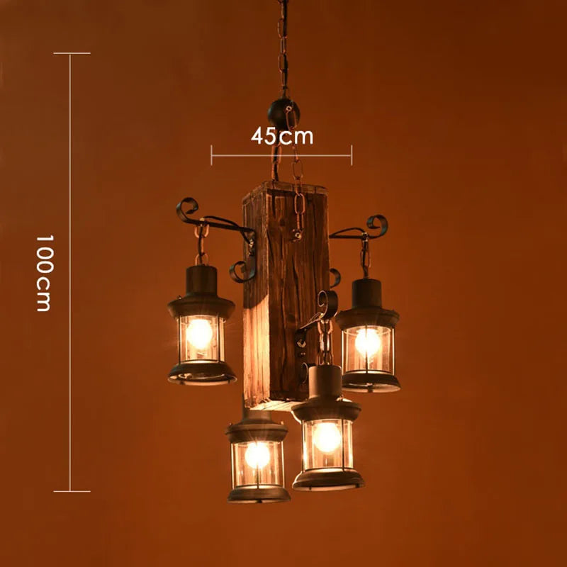 lustre rétro en bois 4 têtes pour hôtel café restaurant - vue 4 sur 7
