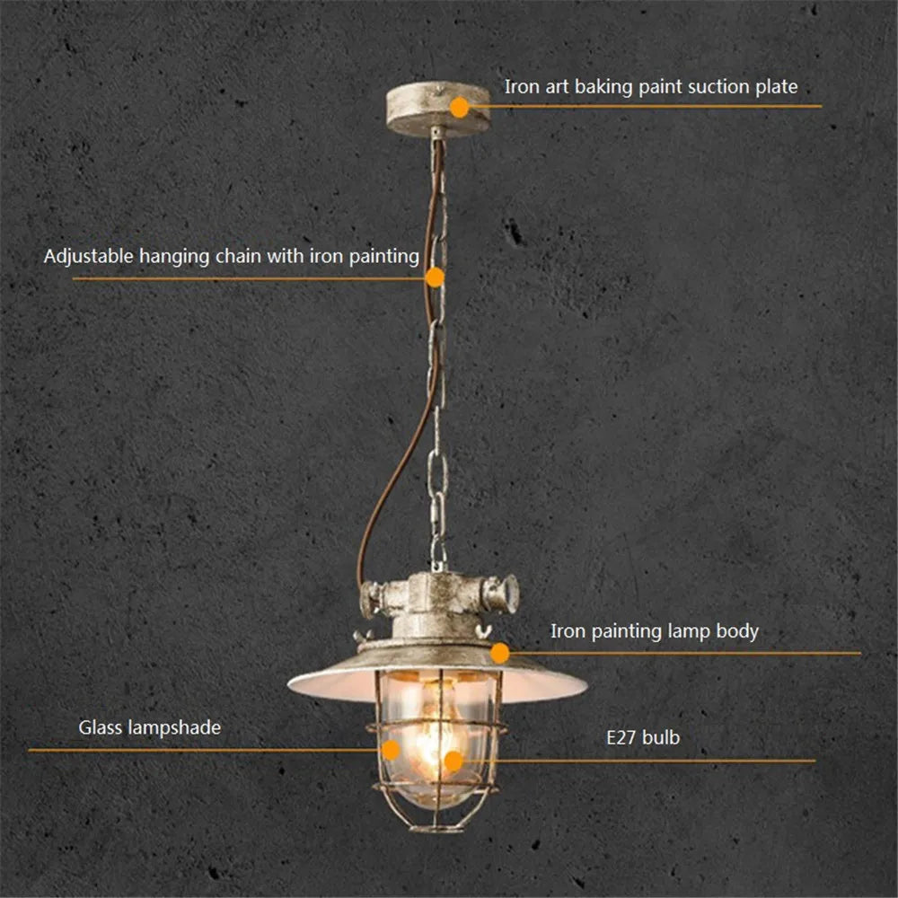 suspension LED industrielle rétro en fer et verre antidéflagrant vintage - vue 3 sur 8