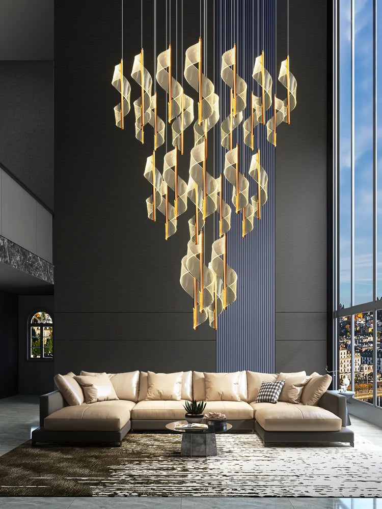 lustre led moderne spirale longue ligne nordique duplex luxueuse - vue 5 sur 13