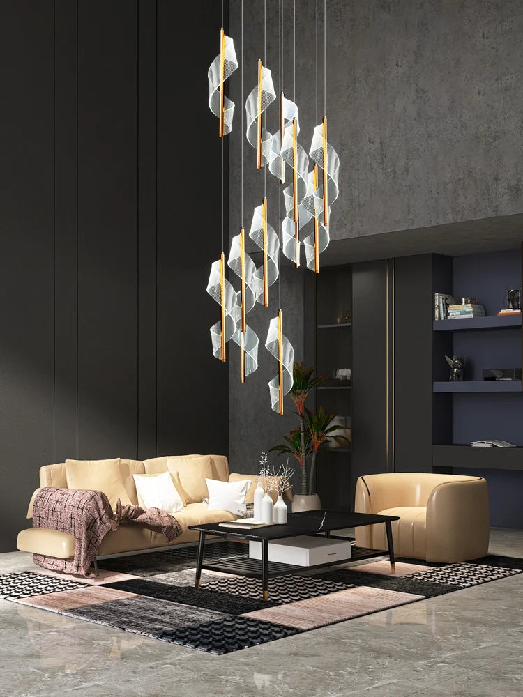 lustre led moderne spirale longue ligne nordique duplex luxueuse - vue 6 sur 13