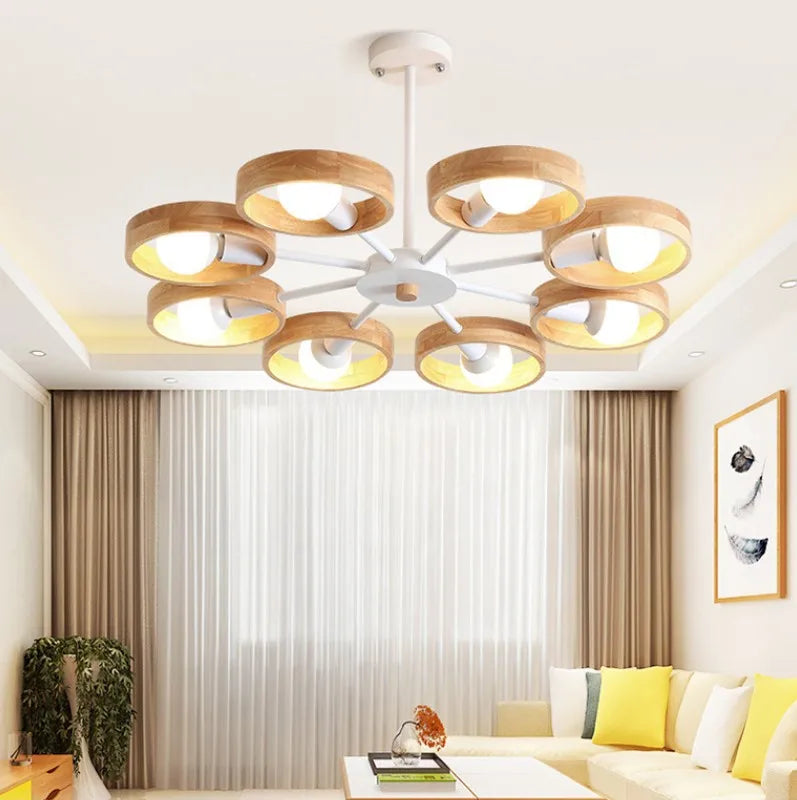lustre nordique en bois avec abat-jour rond suspendu