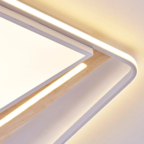 Modern nordic square LED ceiling light in wood and iron, minimalist - vue 5 sur 12