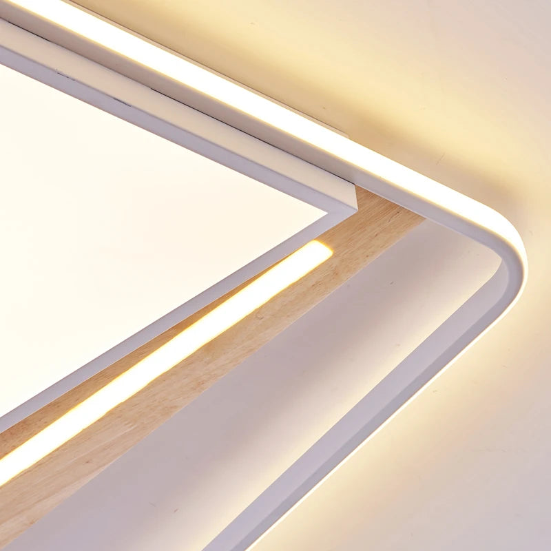 Modern nordic square LED ceiling light in wood and iron, minimalist - vue 5 sur 12