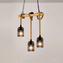 lustre industriel rétro avec 3 têtes en bois et corde de chanvre