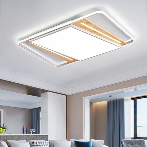 Modern nordic square LED ceiling light in wood and iron, minimalist - vue 2 sur 12