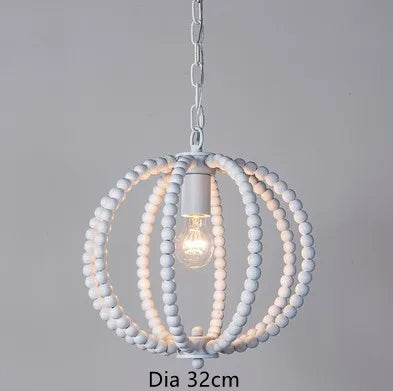 lustre rond en perles de bois style rétro rustique en fer blanc - vue 10 sur 11