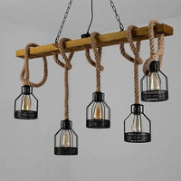 5 head loft pendant lamp with hemp rope and wood for dining room, restaurant or cafe vintage style chandelier