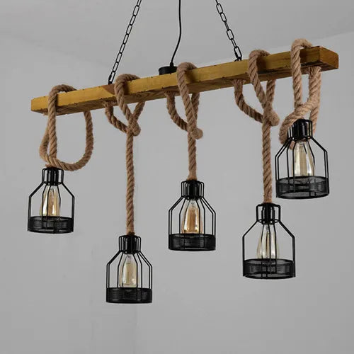 5 head loft pendant lamp with hemp rope and wood for dining room, restaurant or cafe vintage style chandelier