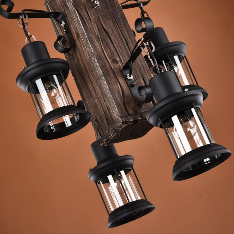 lustre rétro en bois 4 têtes pour hôtel café restaurant - vue 7 sur 7