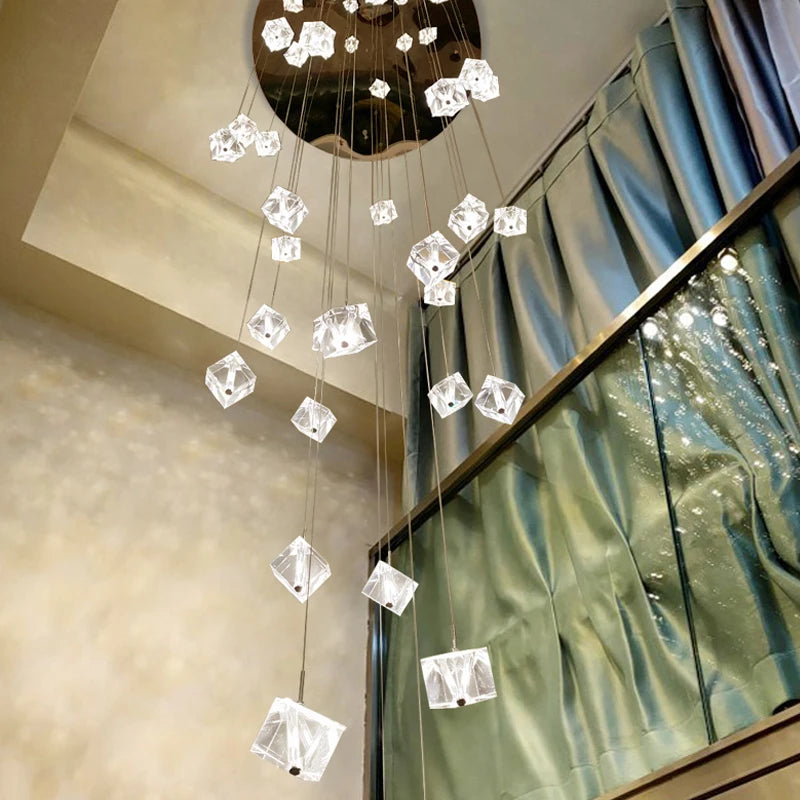 lustre en cristal carré moderne pour escalier et restaurant - vue 5 sur 14