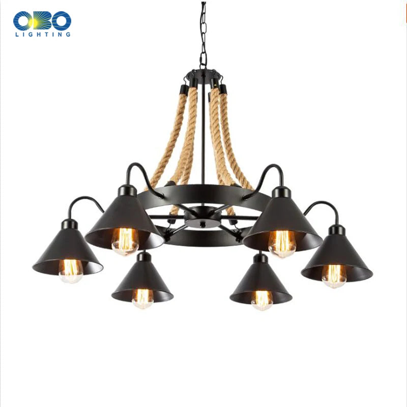 Vintage hemp rope chandelier with iron lampshade for bars and cafés - vue 4 sur 28