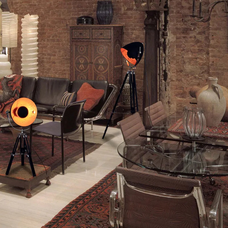 lampe de sol vintage à trépied style industriel avec ampoules edison - vue 3 sur 6