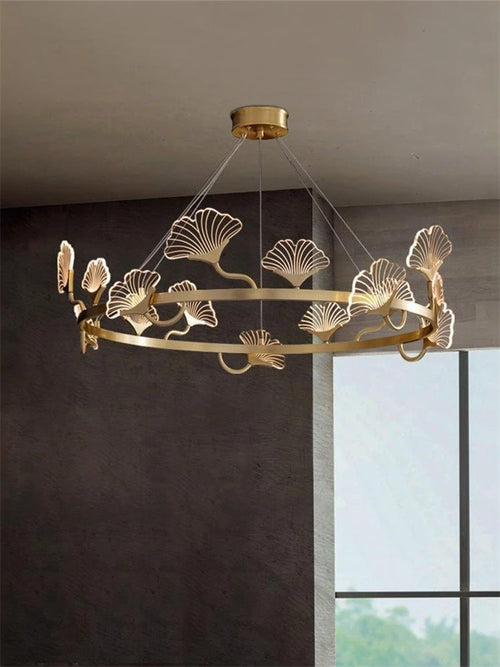 lustre en cuivre simple avec feuilles led style chinois