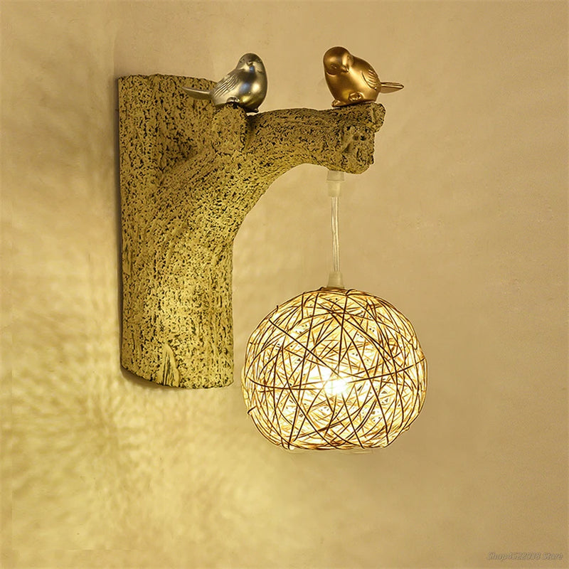 applique murale style chinois oiseaux résine rotin éclairage déco