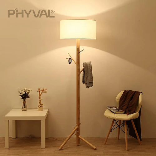 Lampadaire Nordique bois sur pied tissu interrupteur - vue 2 sur 17