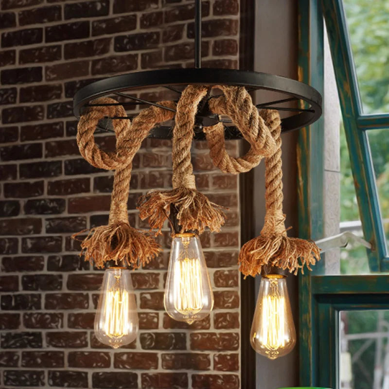 Adjustable vintage hemp rope chandelier for restaurant - vue 3 sur 7