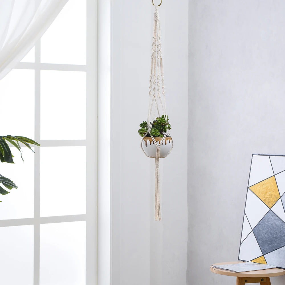 paniers suspendus en macramé pour plantes décoratives et jardinières - vue 10 sur 14