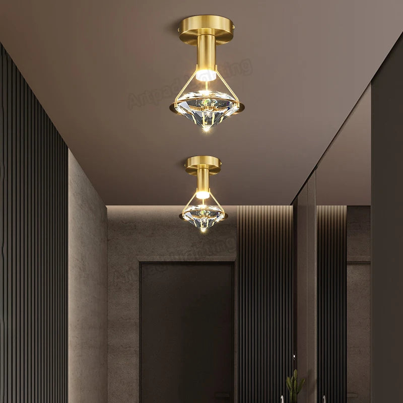 plafonnier de luxe en cuivre avec luminaire moderne en cristal