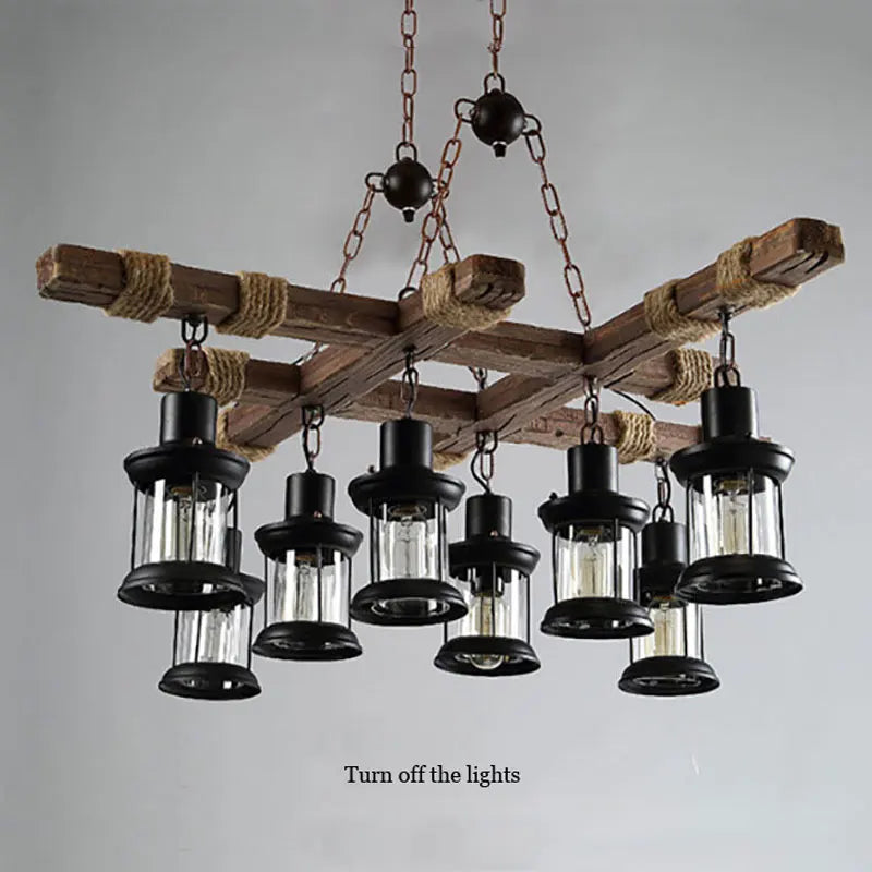 lustre industriel rétro en bois et fer avec 8 lampes - vue 6 sur 7