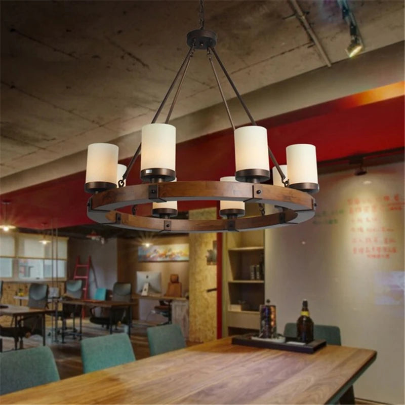 lustre rétro en bois massif et fer pour villa café musée - vue 4 sur 6