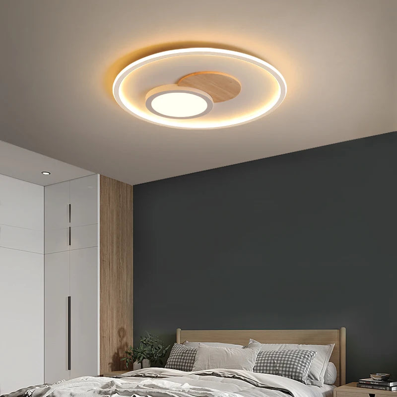 plafonnier rond moderne en bois véritable avec leds décoratives - vue 4 sur 16
