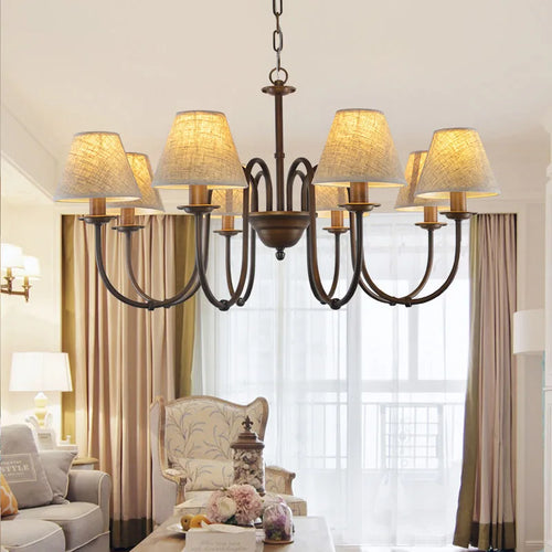 Lustre de pays européen et américain classique en fer forgé salon chambre lampe salle à manger tissu abat-jour lustre - vue 2 sur 15