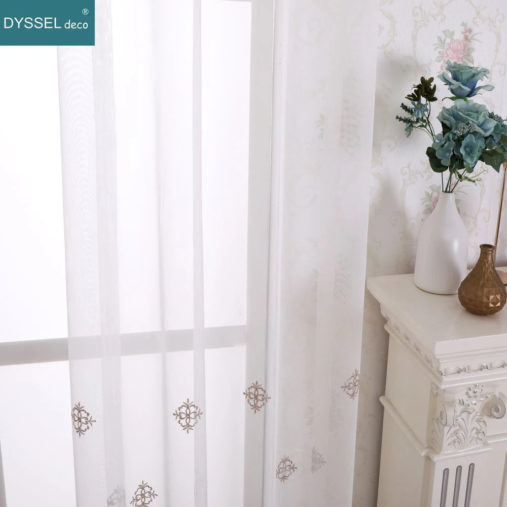 Voilage tulle brodé fleurs bord festonné style européen - vue 7 sur 8