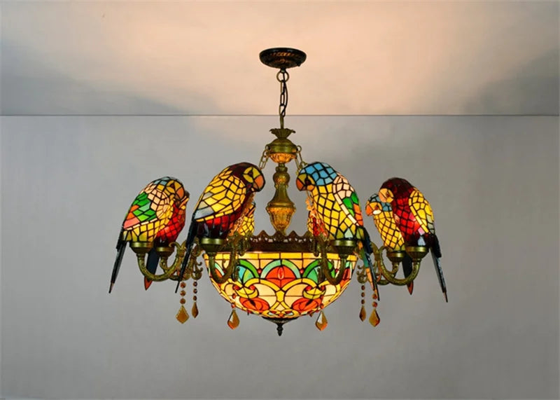 lustre tiffany vitrail lumineux oiseau perroquet design élégant intérieur - vue 5 sur 14
