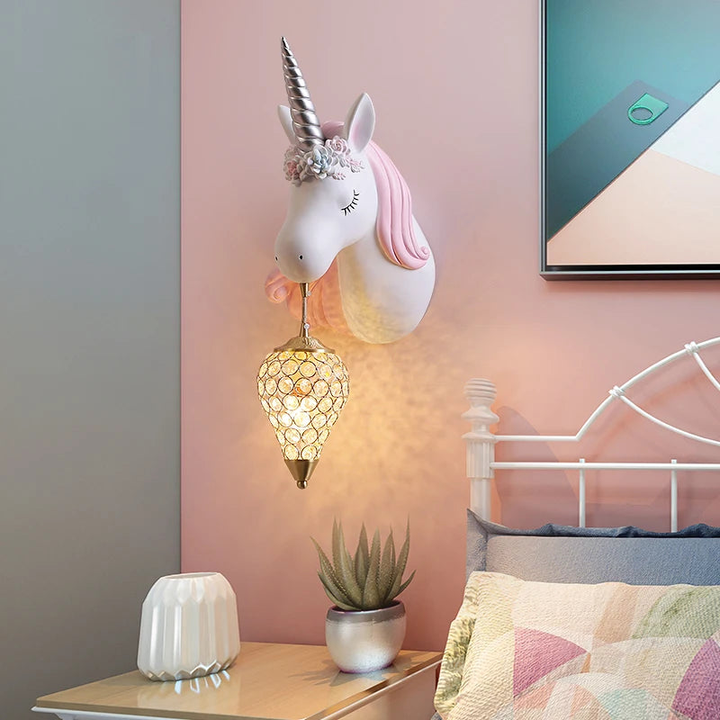 applique murale Dessin animé enfants bébé tenture LED résine licorne bleu rose pour princesse fille chambre décoration - vue 6 sur 23