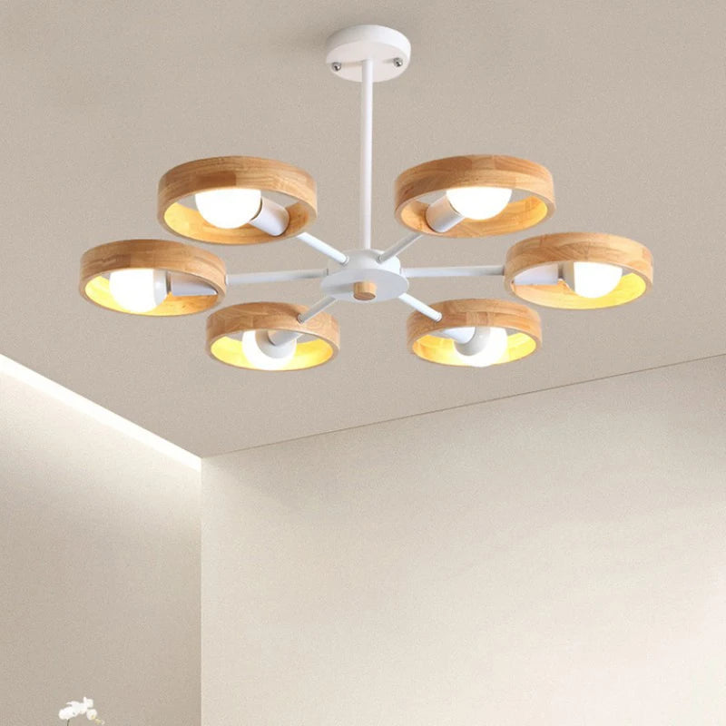 lustre nordique en bois avec abat-jour rond suspendu