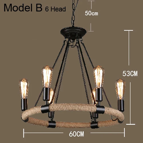 Vintage hemp rope chandelier with iron lampshade for bars and cafés