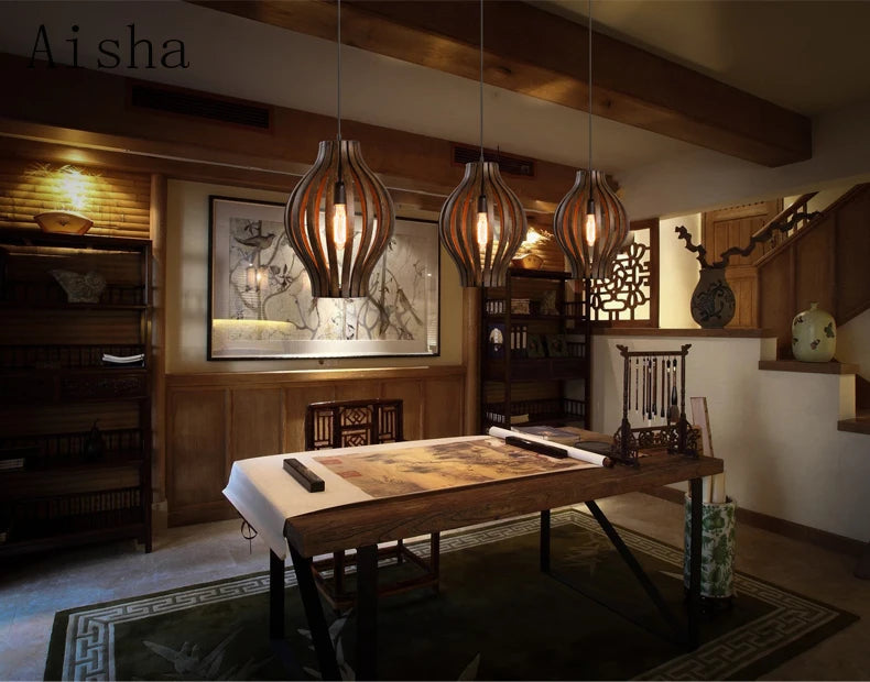 lustre rétro en bois style sud-est asiatique pour décoration intérieure - vue 5 sur 7
