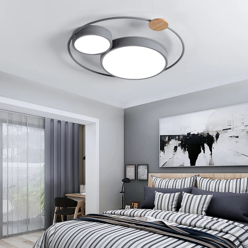 plafonnier led nordique en bois acrylique décoration ronde macaron - vue 6 sur 14