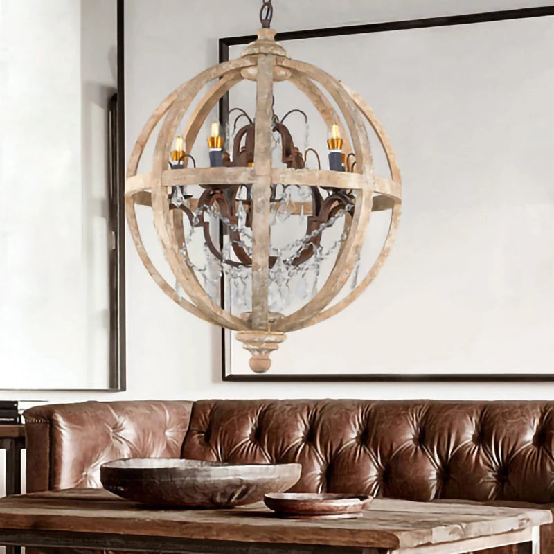 Lustre suspendu en bois massif rétro led dans le salon luminaire de décoration moderne rond Loft Suspension éclairage en cristal - vue 4 sur 8