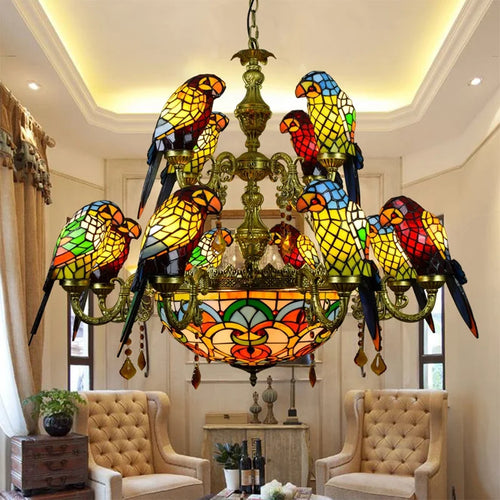 lustre tiffany vitrail lumineux oiseau perroquet design élégant intérieur