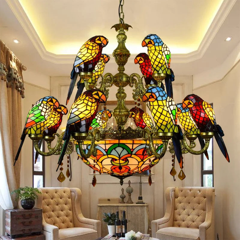 lustre tiffany vitrail lumineux oiseau perroquet design élégant intérieur - vue 4 sur 14