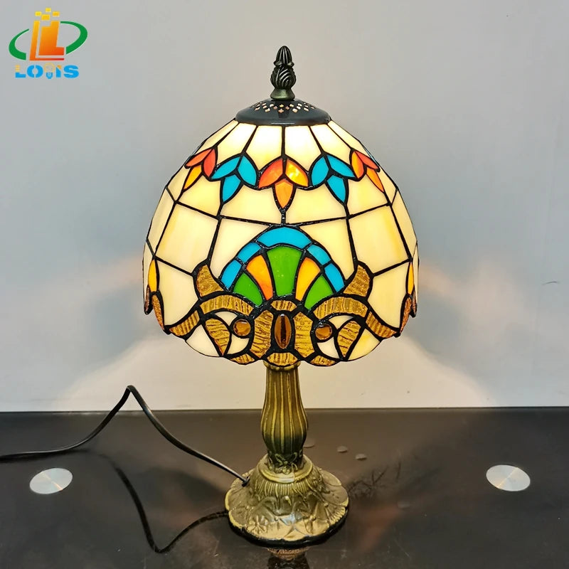 lampe à poser baroque européenne style tiffany en verre antique - vue 2 sur 6