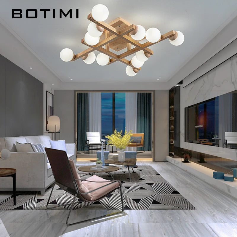 Plafonniers en bois avec abat-jour en verre pour salon moderne monté en Surface Lustres en bois carrés chambre à coucher Luminaire - vue 5 sur 9