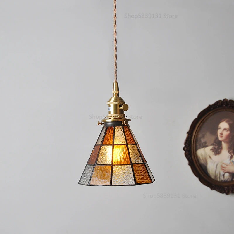 petit lustre nordique en cuivre avec verre coloré - vue 8 sur 14