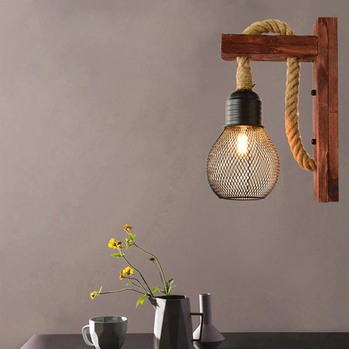 Vintage industrial LED wooden and rope wall light - vue 2 sur 12