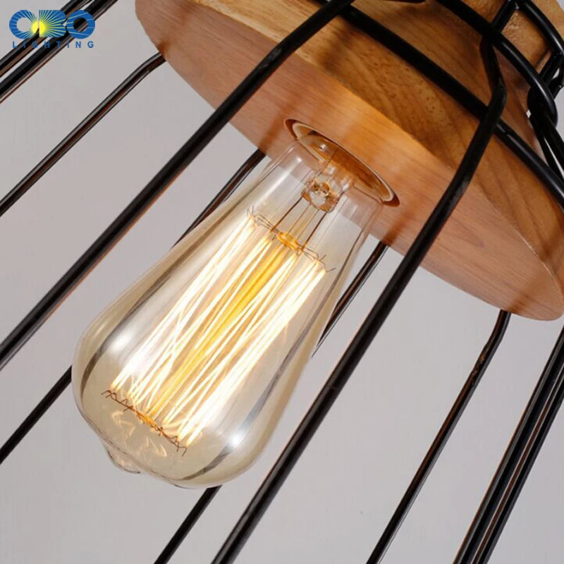 suspension vintage en fer et bois pour éclairage intérieur - vue 6 sur 9
