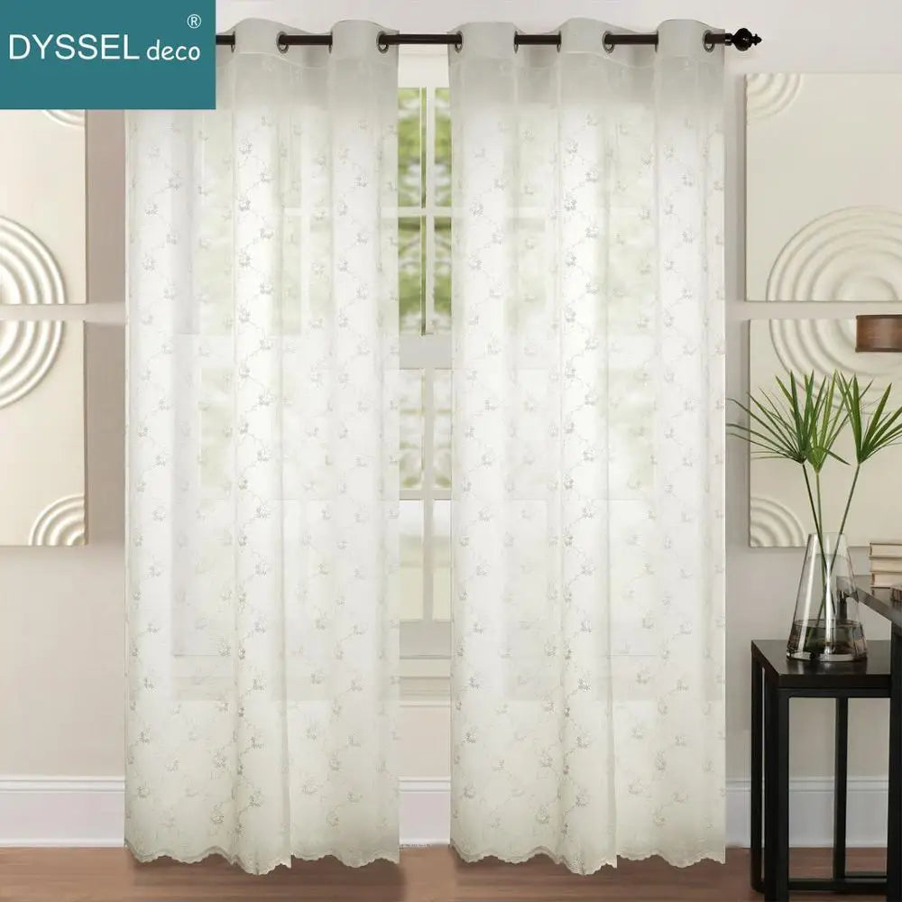Rideau transparent brodé floral festonné pour salon - vue 2 sur 8